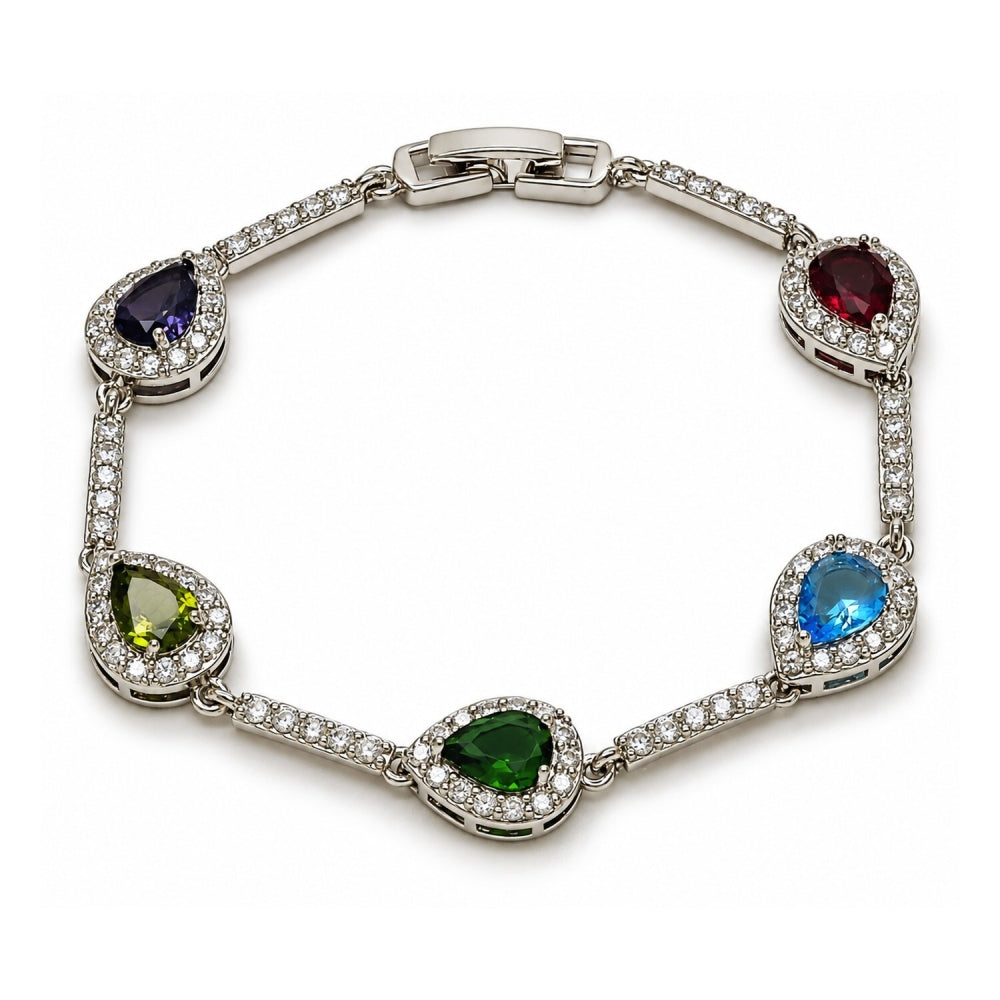 White Gold Filled Tennis Bracelet, Teardrop and Cluster Design, with Multicolor and White Cubic Zirconia, Polished, Rhodium Finish