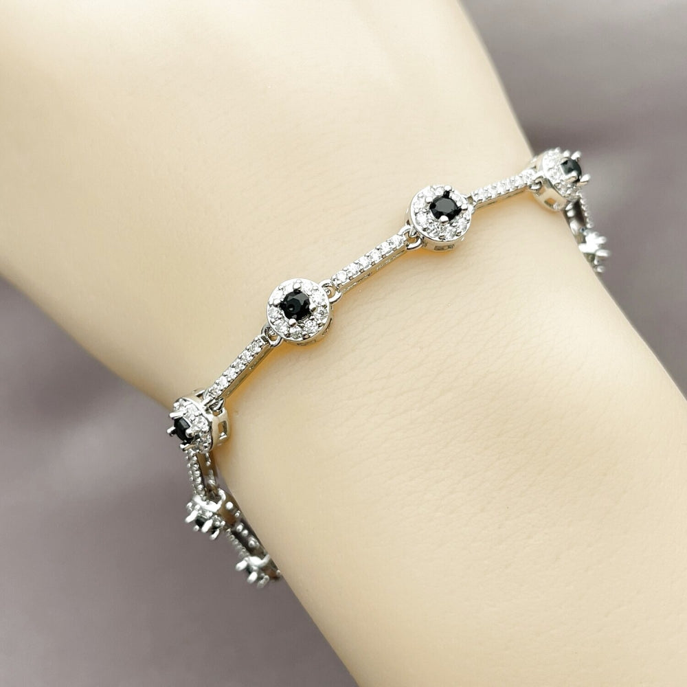 Rhodium Gold Filled Tennis Bracelet, Cluster Design, with Black and White Cubic Zirconia, Polished, Rhodium Finish
