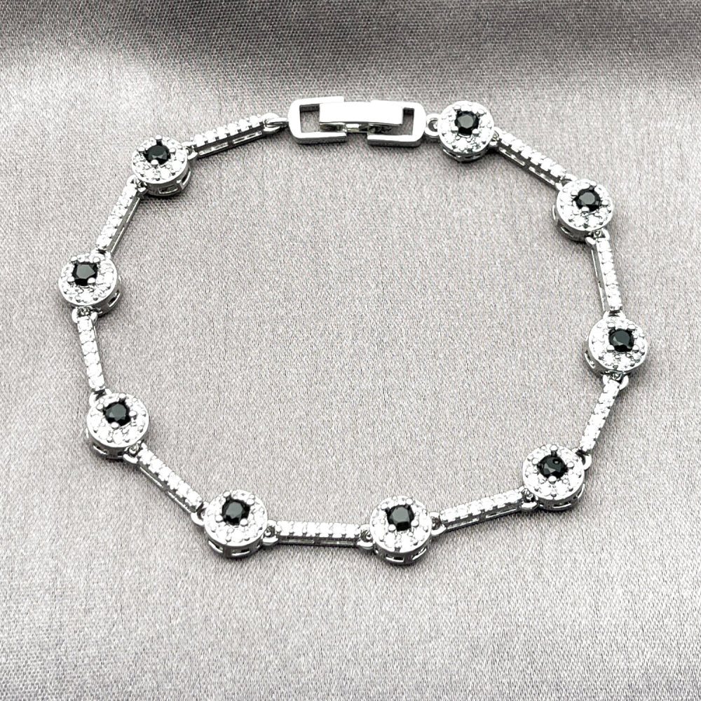 Rhodium Gold Filled Tennis Bracelet, Cluster Design, with Black and White Cubic Zirconia, Polished, Rhodium Finish