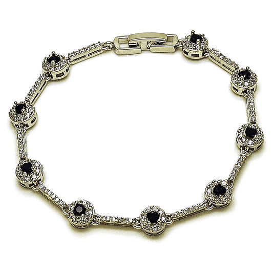 Rhodium Gold Filled Tennis Bracelet, Cluster Design, with Black and White Cubic Zirconia, Polished, Rhodium Finish