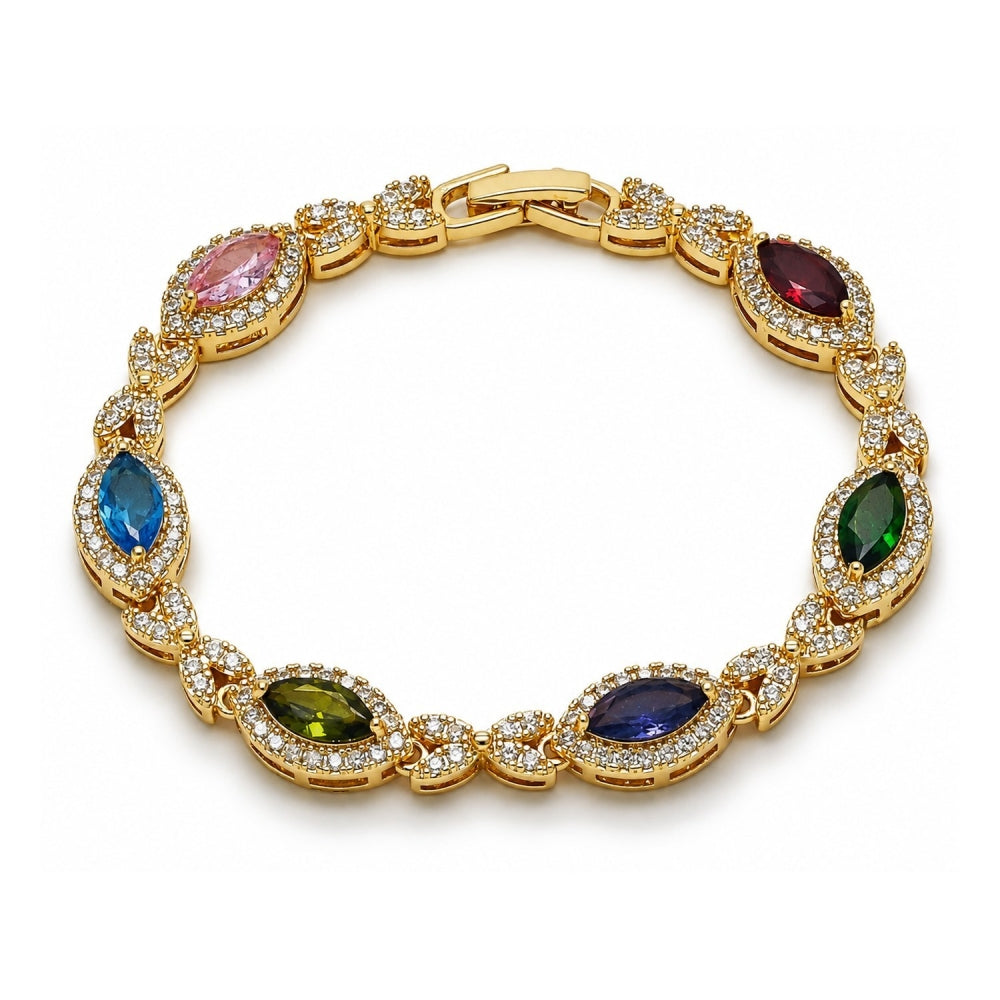 Oro Laminado Tennis Bracelet, Gold Filled Style Hugs and Kisses and Cluster Design, with Multicolor and White Cubic Zirconia, Polished, Golden Finish