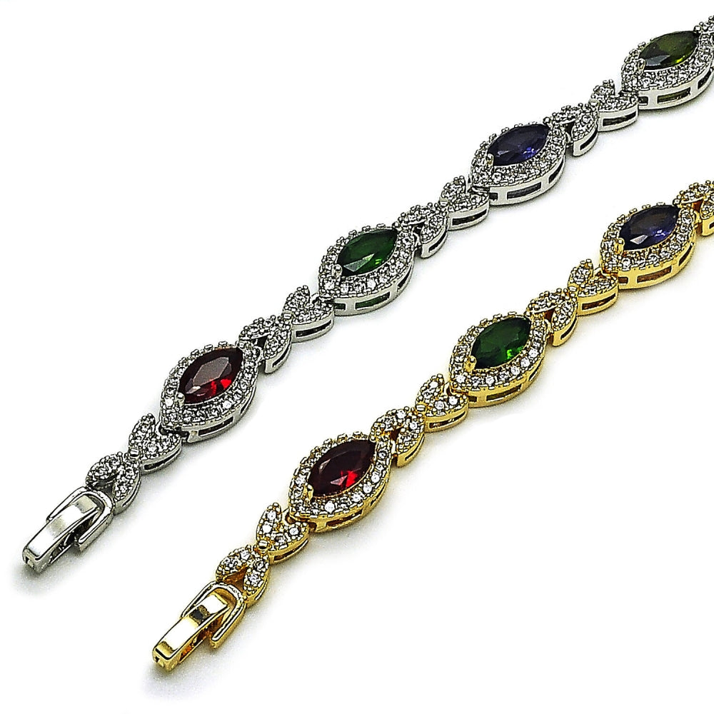 Rhodium Gold Filled Tennis Bracelet, Hugs and Kisses and Cluster Design, with Multicolor and White Cubic Zirconia, Polished, Rhodium Finish