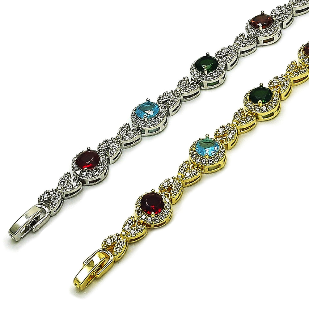 Oro Laminado Tennis Bracelet, Gold Filled Style Cluster and Hugs and Kisses Design, with Multicolor and White Cubic Zirconia, Polished, Golden Finish