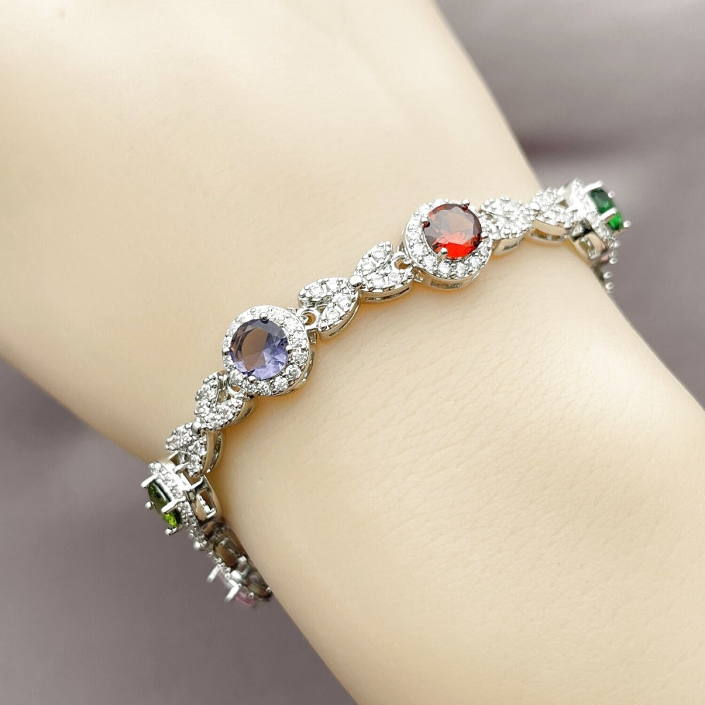 White Gold Filled Tennis Bracelet, Hugs and Kisses and Cluster Design, with Multicolor and White Cubic Zirconia, Polished, Rhodium Finish