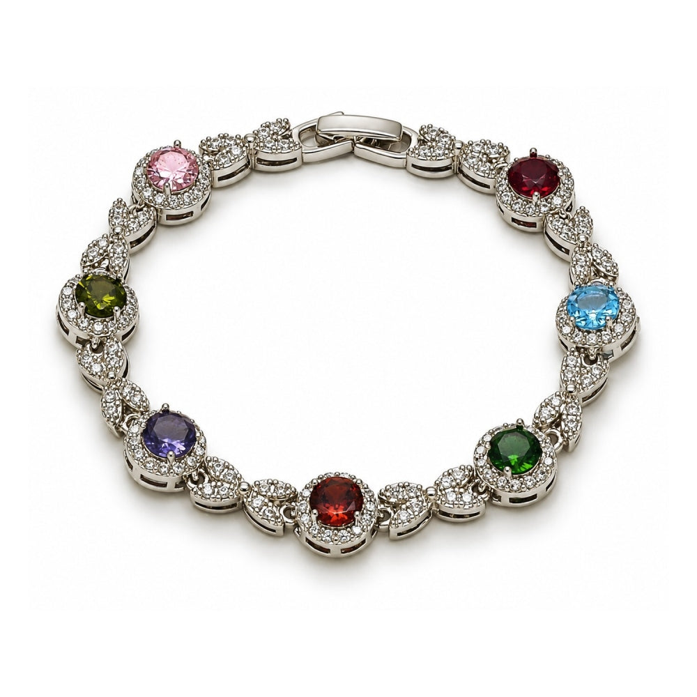 White Gold Filled Tennis Bracelet, Hugs and Kisses and Cluster Design, with Multicolor and White Cubic Zirconia, Polished, Rhodium Finish