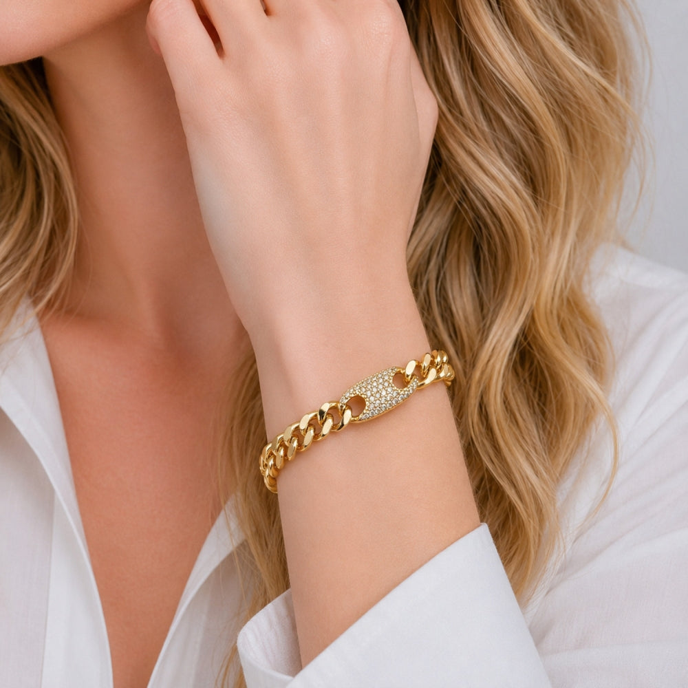 Oro Laminado Fancy Bracelet, Gold Filled Style Puff Mariner and Miami Cuban Design, with White Cubic Zirconia, Polished, Golden Finish