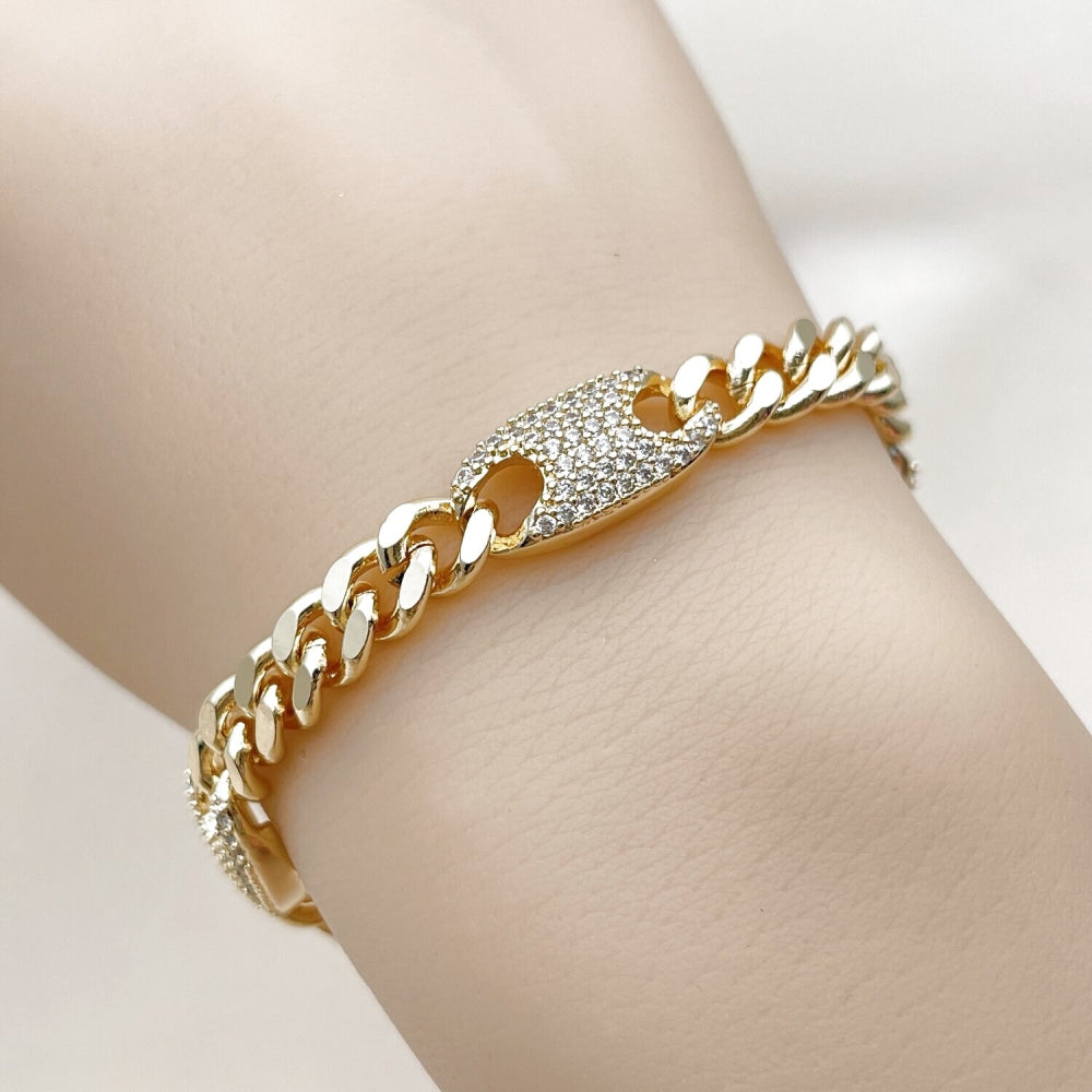 Oro Laminado Fancy Bracelet, Gold Filled Style Puff Mariner and Miami Cuban Design, with White Cubic Zirconia, Polished, Golden Finish