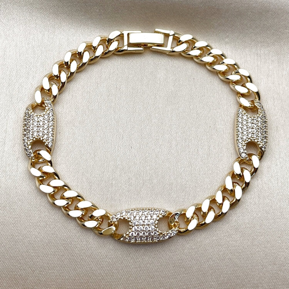 Oro Laminado Fancy Bracelet, Gold Filled Style Puff Mariner and Miami Cuban Design, with White Cubic Zirconia, Polished, Golden Finish