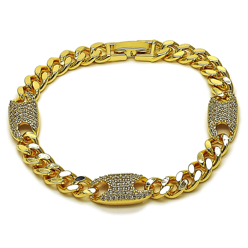 Oro Laminado Fancy Bracelet, Gold Filled Style Puff Mariner and Miami Cuban Design, with White Cubic Zirconia, Polished, Golden Finish