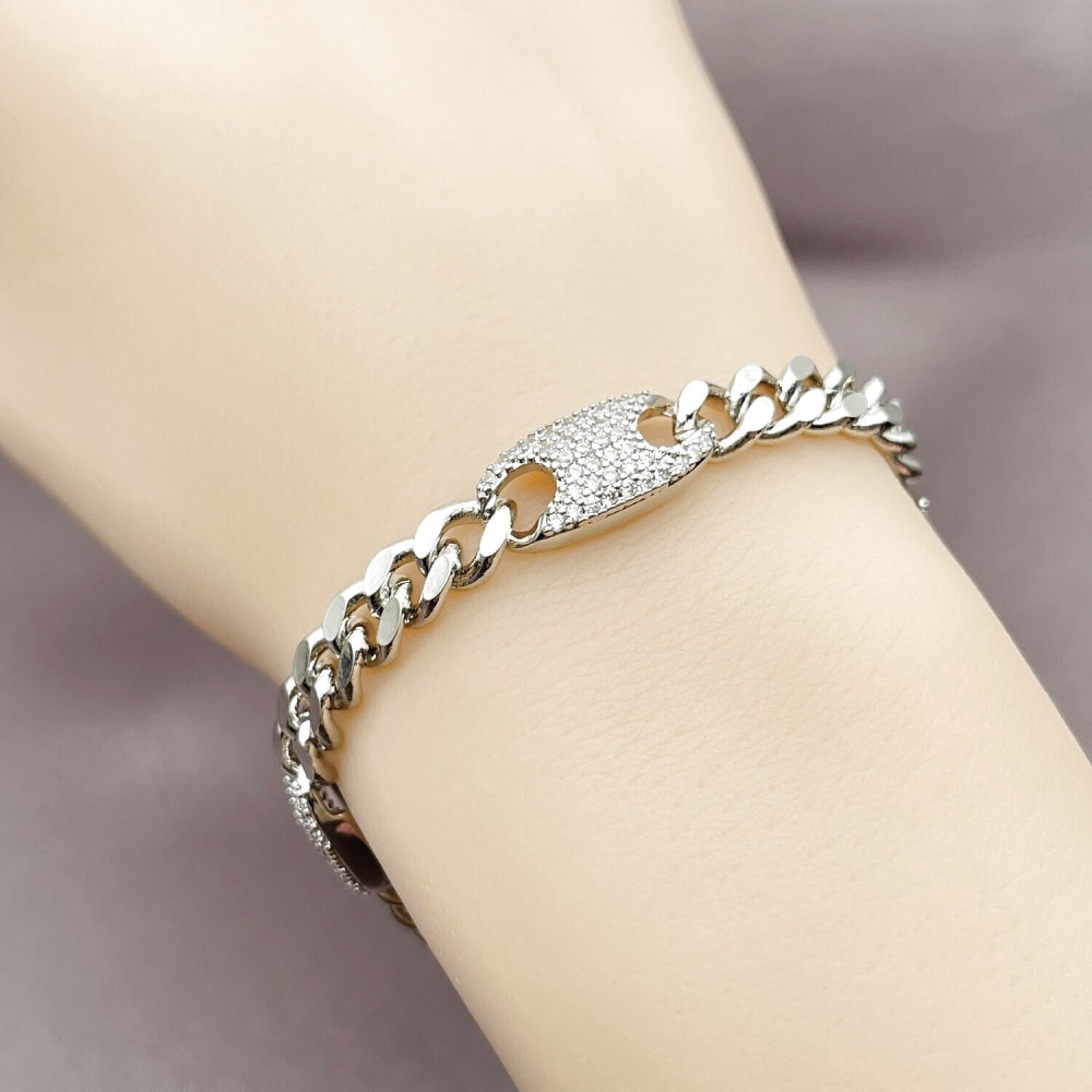 Rhodium Gold Filled Fancy Bracelet, Puff Mariner and Miami Cuban Design, with White Cubic Zirconia, Polished, Rhodium Finish