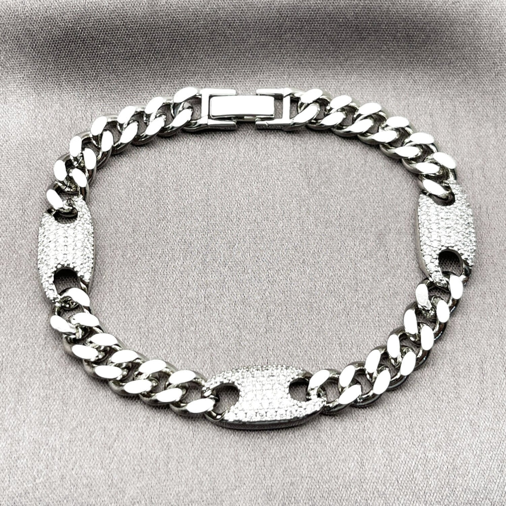 Rhodium Gold Filled Fancy Bracelet, Puff Mariner and Miami Cuban Design, with White Cubic Zirconia, Polished, Rhodium Finish