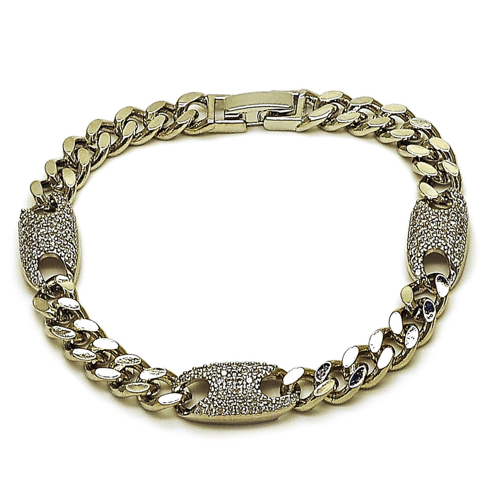 Rhodium Gold Filled Fancy Bracelet, Puff Mariner and Miami Cuban Design, with White Cubic Zirconia, Polished, Rhodium Finish