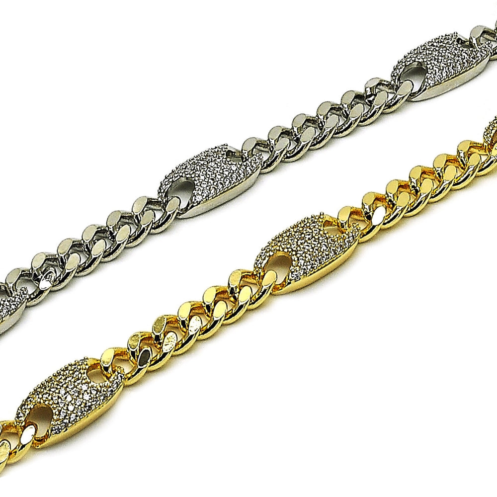Rhodium Gold Filled Fancy Bracelet, Puff Mariner and Miami Cuban Design, with White Cubic Zirconia, Polished, Rhodium Finish