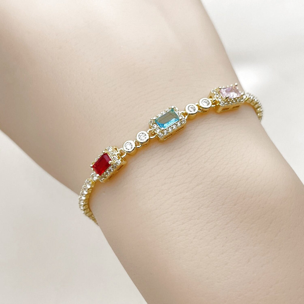 Oro Laminado Fancy Bracelet, Gold Filled Style Cluster and Baguette Design, with Multicolor and White Cubic Zirconia, Polished, Golden Finish