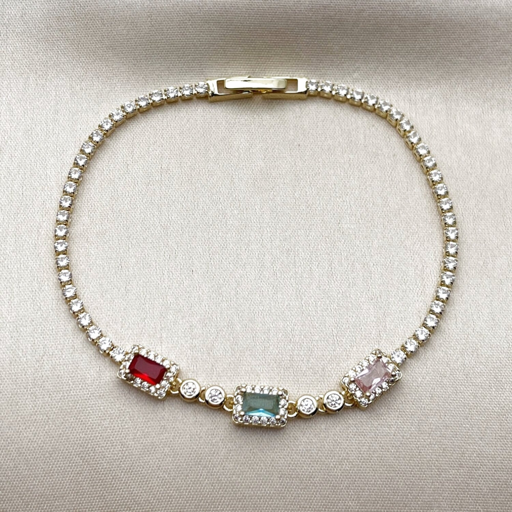Oro Laminado Fancy Bracelet, Gold Filled Style Cluster and Baguette Design, with Multicolor and White Cubic Zirconia, Polished, Golden Finish
