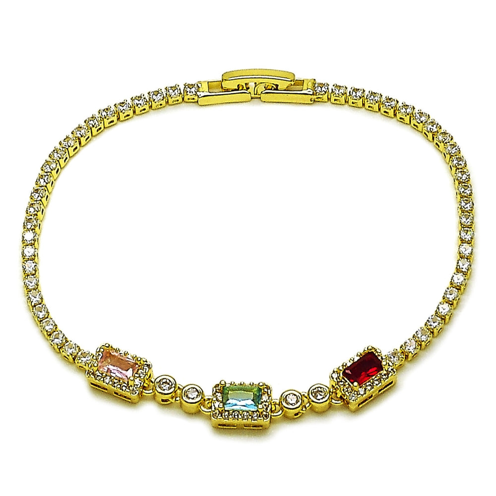 Oro Laminado Fancy Bracelet, Gold Filled Style Cluster and Baguette Design, with Multicolor and White Cubic Zirconia, Polished, Golden Finish