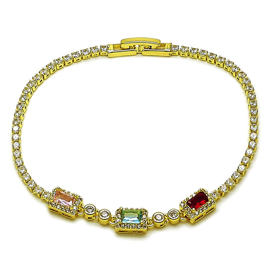 Oro Laminado Fancy Bracelet, Gold Filled Style Cluster and Baguette Design, with Multicolor and White Cubic Zirconia, Polished, Golden Finish