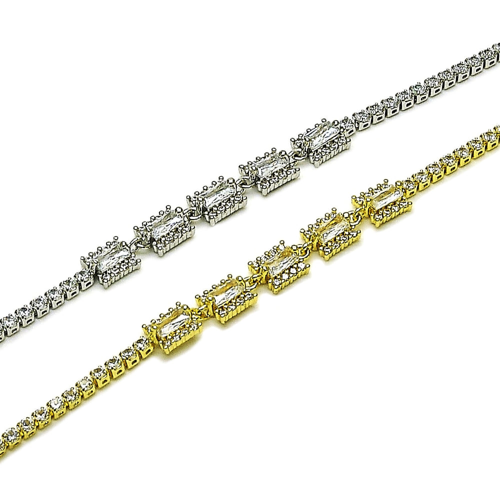 Rhodium Gold Filled Fancy Bracelet, Cluster and Baguette Design, with White Cubic Zirconia, Polished, Rhodium Finish