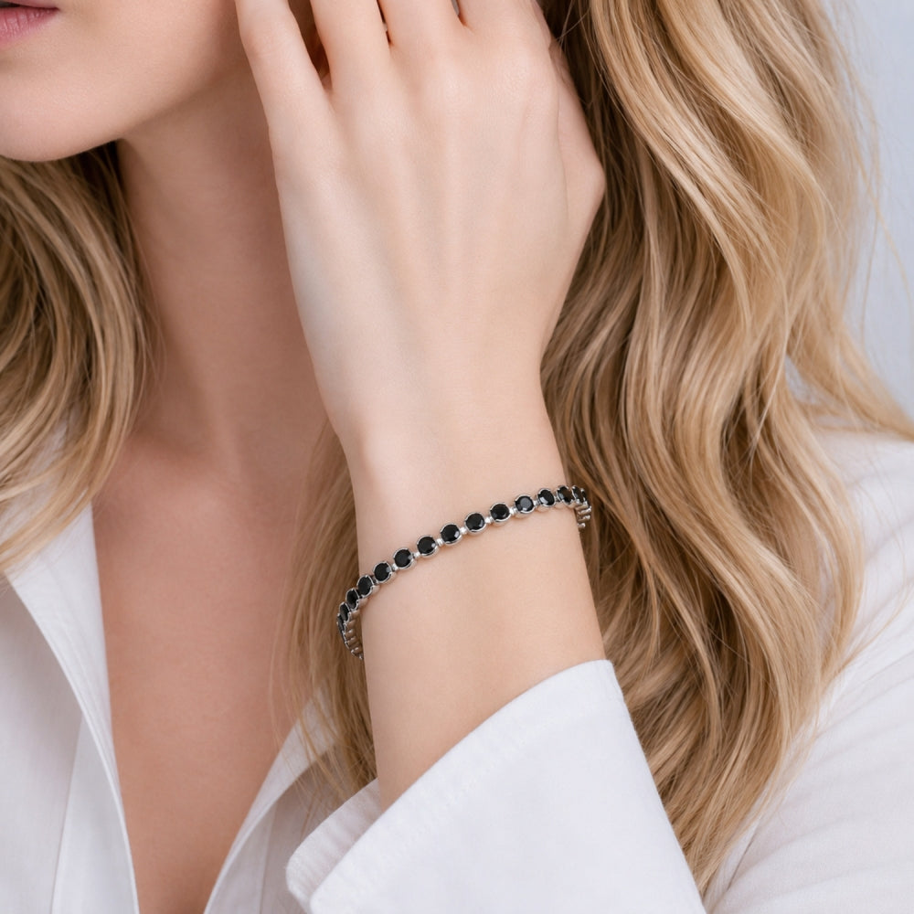White Gold Filled Tennis Bracelet, with Black Cubic Zirconia, Polished, Rhodium Finish