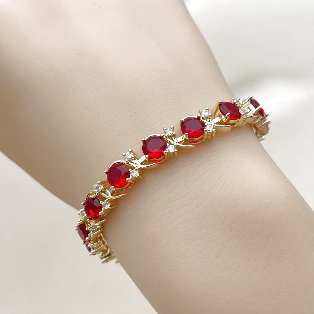 Oro Laminado Tennis Bracelet, Gold Filled Style with Garnet and White Cubic Zirconia, Polished, Golden Finish
