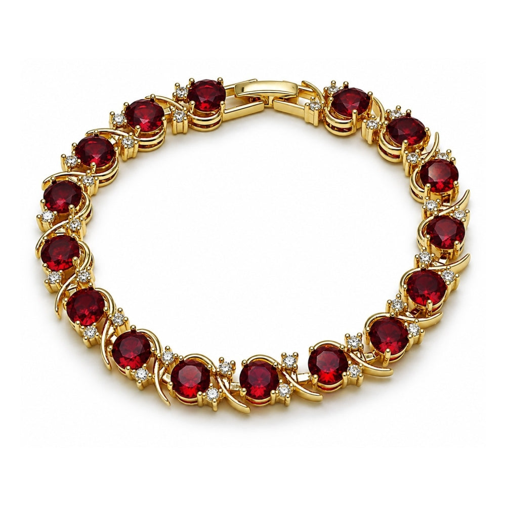 Oro Laminado Tennis Bracelet, Gold Filled Style with Garnet and White Cubic Zirconia, Polished, Golden Finish