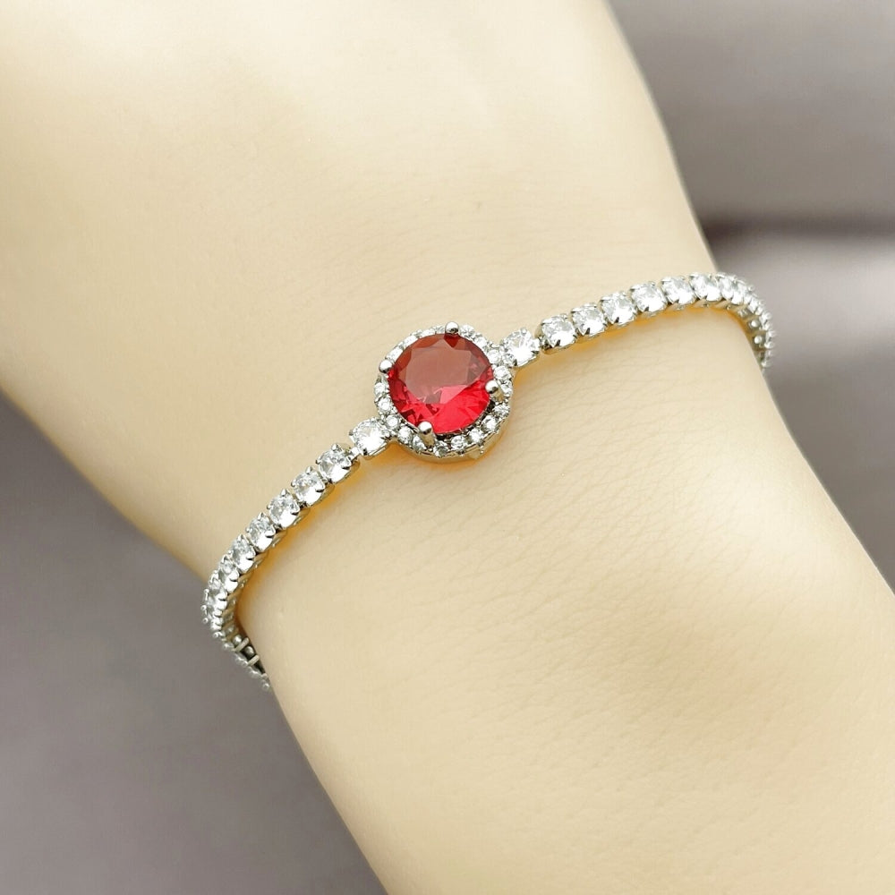 Rhodium Gold Filled Fancy Bracelet, Cluster Design, with Ruby and White Cubic Zirconia, Polished, Rhodium Finish