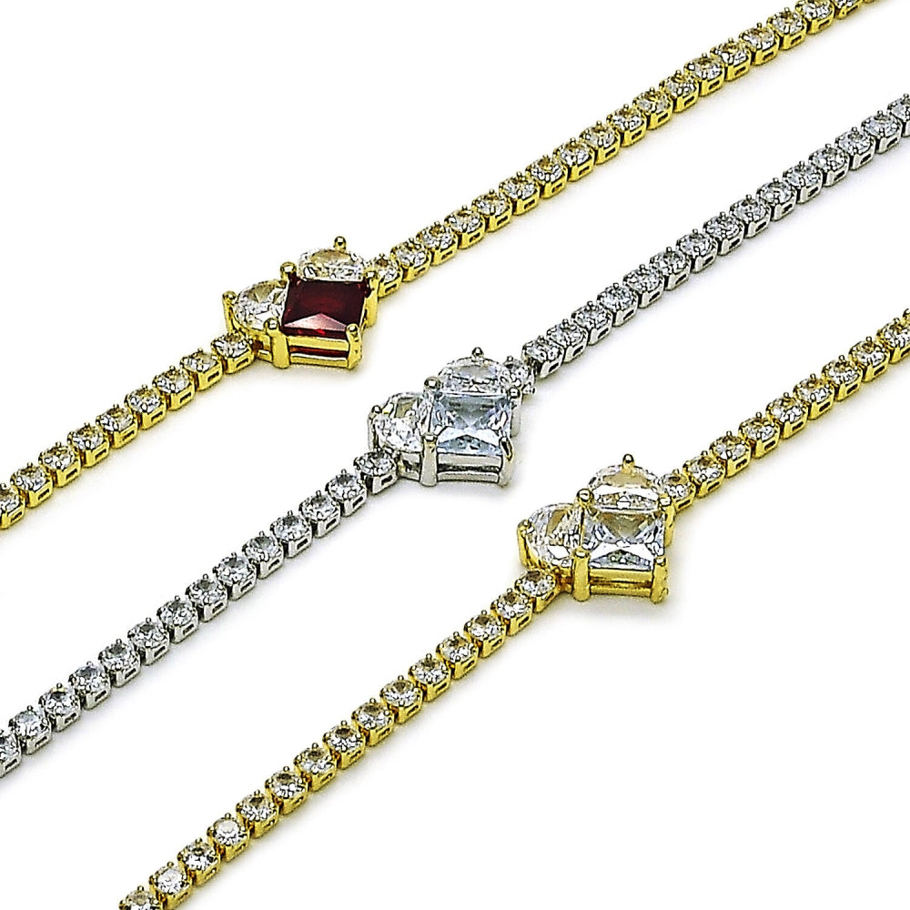 Oro Laminado Fancy Bracelet, Gold Filled Style Heart Design, with White Cubic Zirconia, Polished, Golden Finish