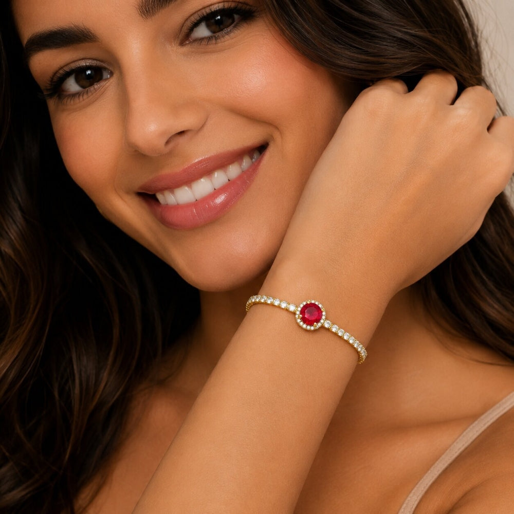 Oro Laminado Fancy Bracelet, Gold Filled Style Cluster Design, with White and Garnet Cubic Zirconia, Polished, Golden Finish