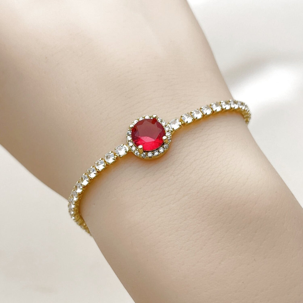 Oro Laminado Fancy Bracelet, Gold Filled Style Cluster Design, with White and Garnet Cubic Zirconia, Polished, Golden Finish