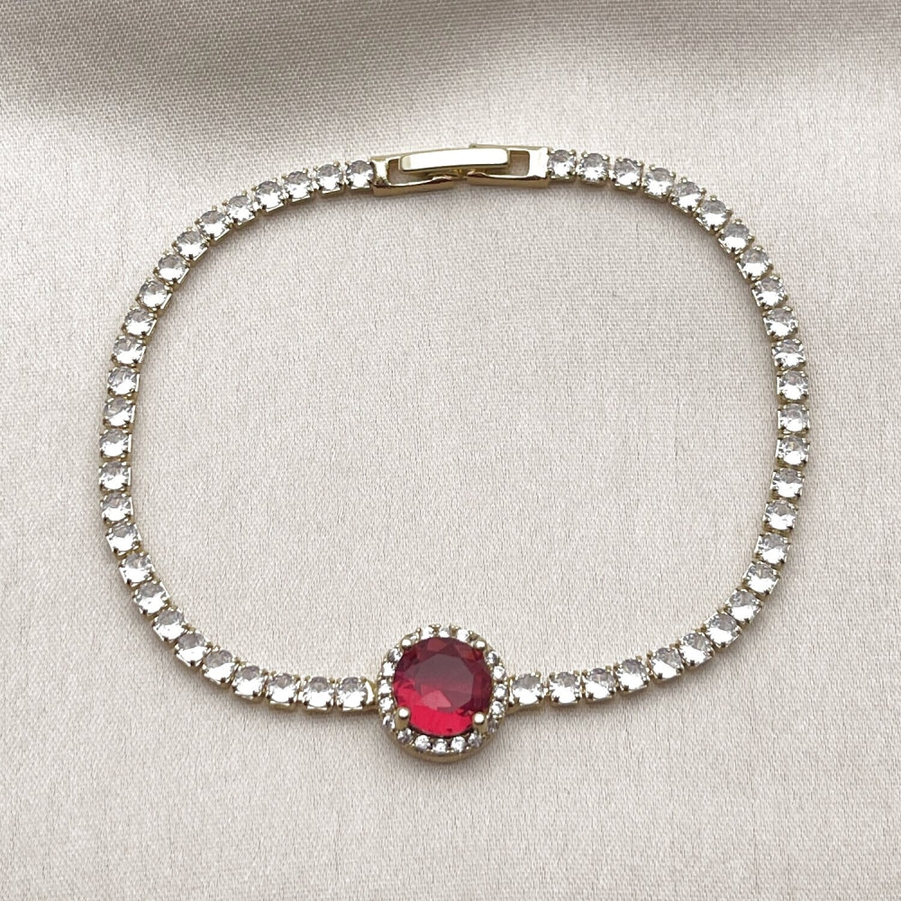 Oro Laminado Fancy Bracelet, Gold Filled Style Cluster Design, with White and Garnet Cubic Zirconia, Polished, Golden Finish