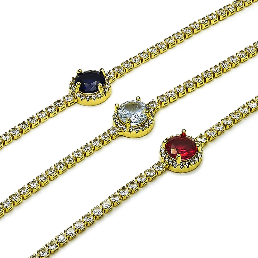 Oro Laminado Fancy Bracelet, Gold Filled Style Cluster Design, with Sapphire Blue and White Cubic Zirconia, Polished, Golden Finish