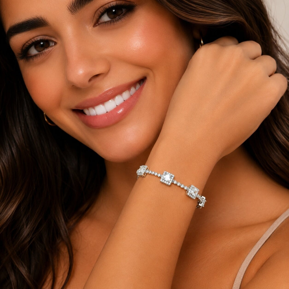 Rhodium Gold Filled Tennis Bracelet, Cluster Design, with White Cubic Zirconia, Polished, Rhodium Finish