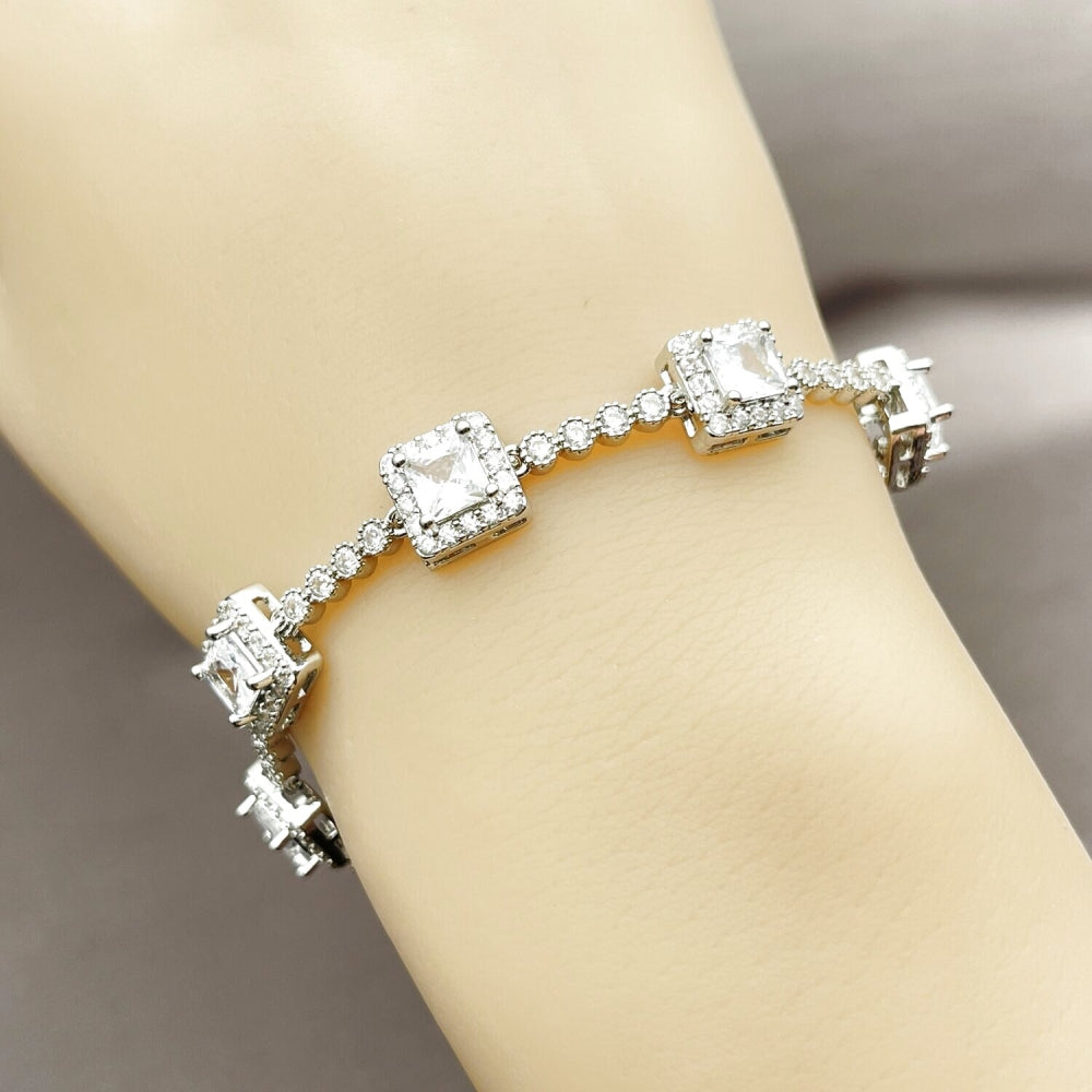 Rhodium Gold Filled Tennis Bracelet, Cluster Design, with White Cubic Zirconia, Polished, Rhodium Finish