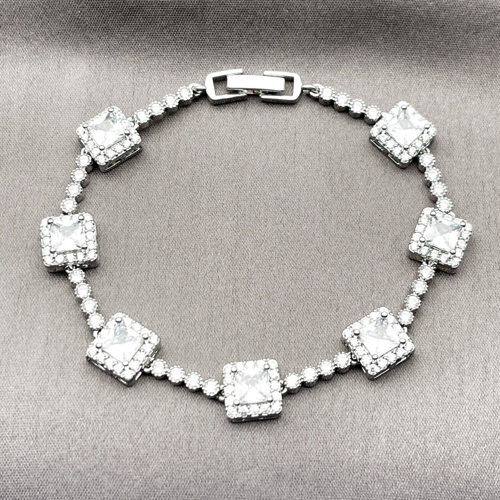 Rhodium Gold Filled Tennis Bracelet, Cluster Design, with White Cubic Zirconia, Polished, Rhodium Finish