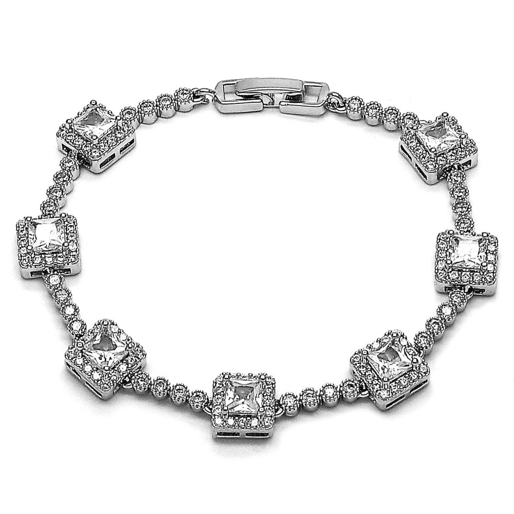 Rhodium Gold Filled Tennis Bracelet, Cluster Design, with White Cubic Zirconia, Polished, Rhodium Finish