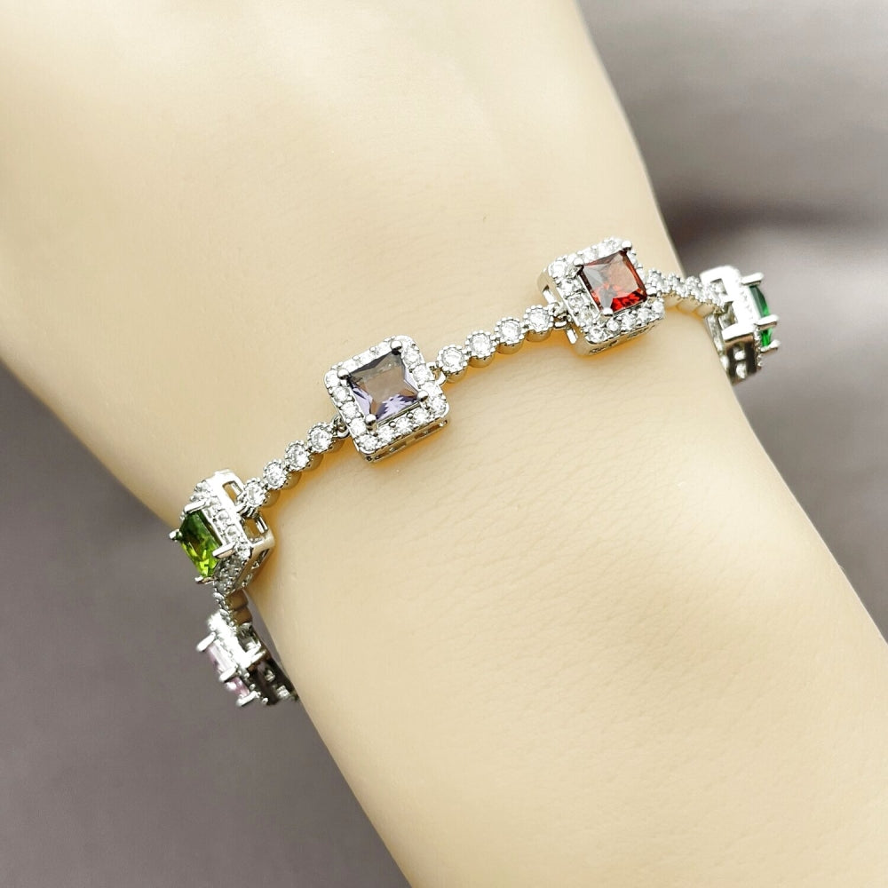 Rhodium Gold Filled Tennis Bracelet, Cluster Design, with Multicolor and White Cubic Zirconia, Polished, Rhodium Finish