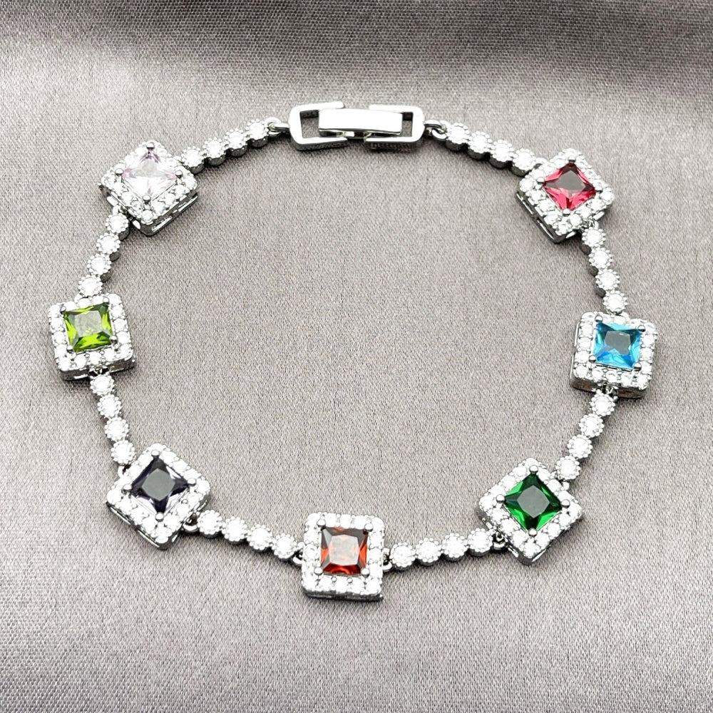 Rhodium Gold Filled Tennis Bracelet, Cluster Design, with Multicolor and White Cubic Zirconia, Polished, Rhodium Finish