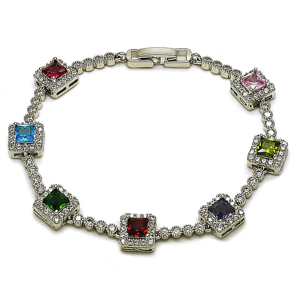 Rhodium Gold Filled Tennis Bracelet, Cluster Design, with Multicolor and White Cubic Zirconia, Polished, Rhodium Finish