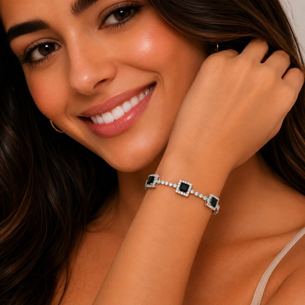 Rhodium Gold Filled Tennis Bracelet, Cluster Design, with Black and White Cubic Zirconia, Polished, Rhodium Finish