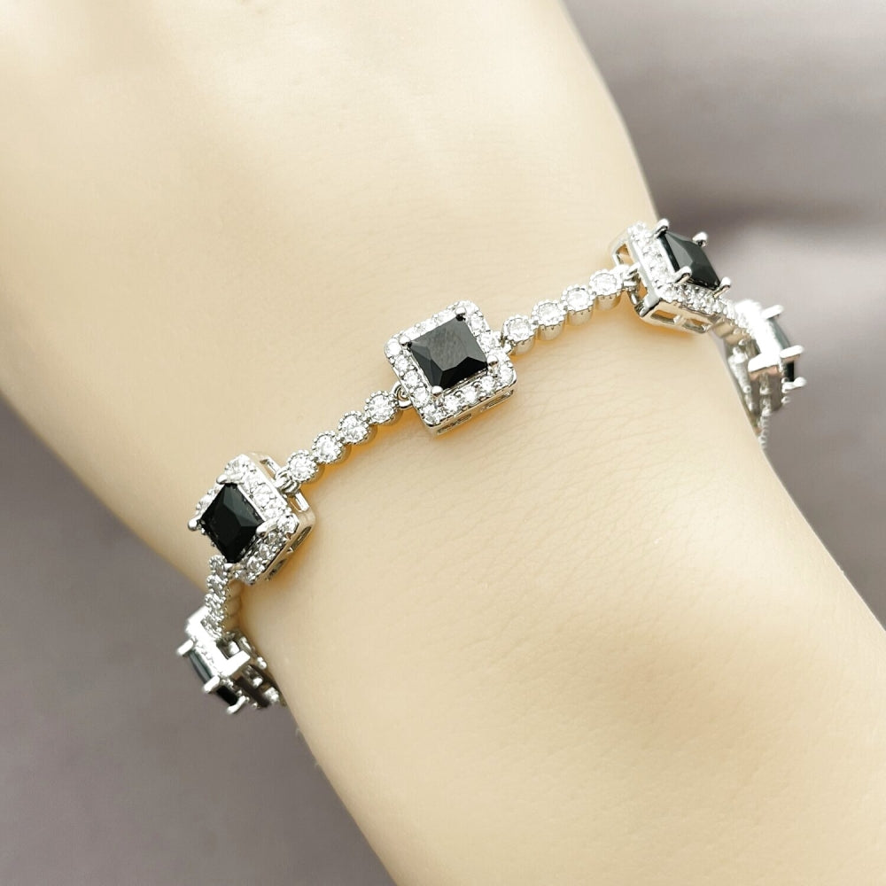 Rhodium Gold Filled Tennis Bracelet, Cluster Design, with Black and White Cubic Zirconia, Polished, Rhodium Finish