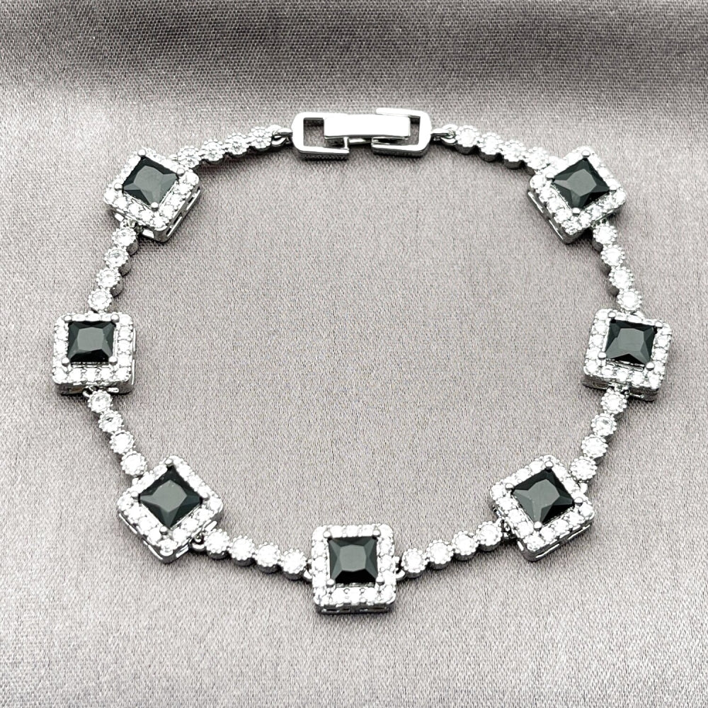 Rhodium Gold Filled Tennis Bracelet, Cluster Design, with Black and White Cubic Zirconia, Polished, Rhodium Finish
