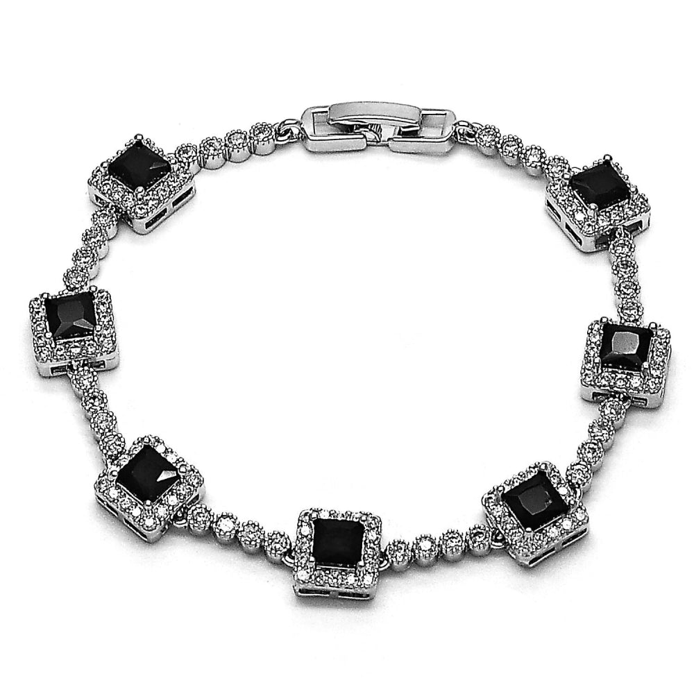 Rhodium Gold Filled Tennis Bracelet, Cluster Design, with Black and White Cubic Zirconia, Polished, Rhodium Finish