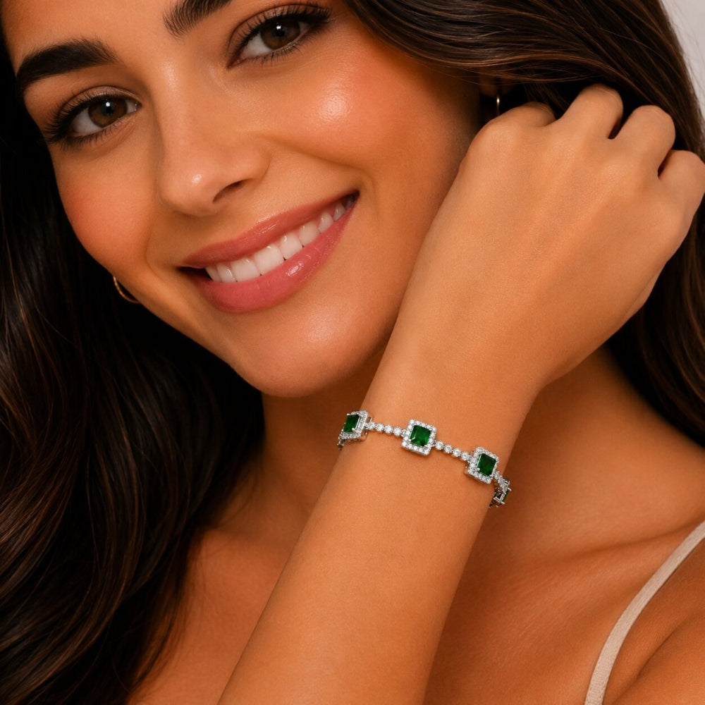 Rhodium Gold Filled Tennis Bracelet, Cluster Design, with Green and White Cubic Zirconia, Polished, Rhodium Finish