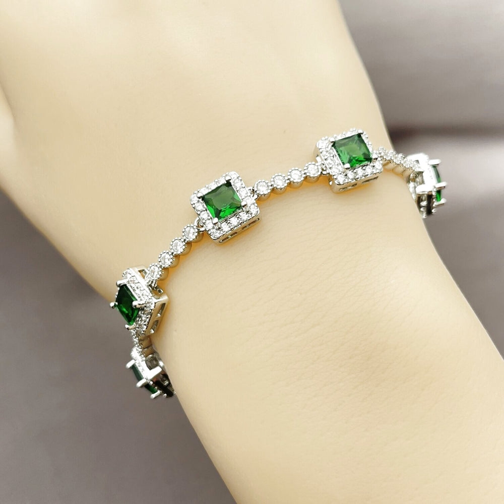 Rhodium Gold Filled Tennis Bracelet, Cluster Design, with Green and White Cubic Zirconia, Polished, Rhodium Finish