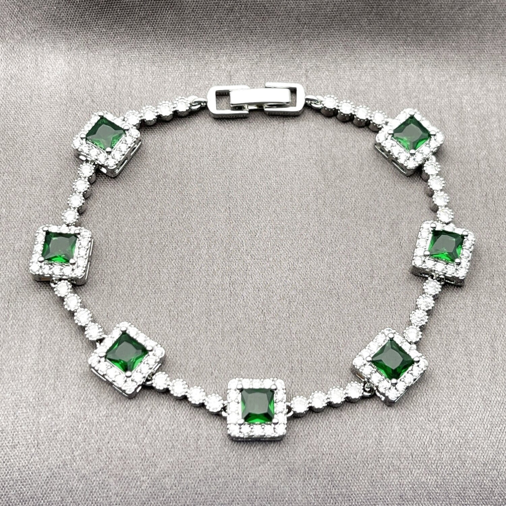 Rhodium Gold Filled Tennis Bracelet, Cluster Design, with Green and White Cubic Zirconia, Polished, Rhodium Finish