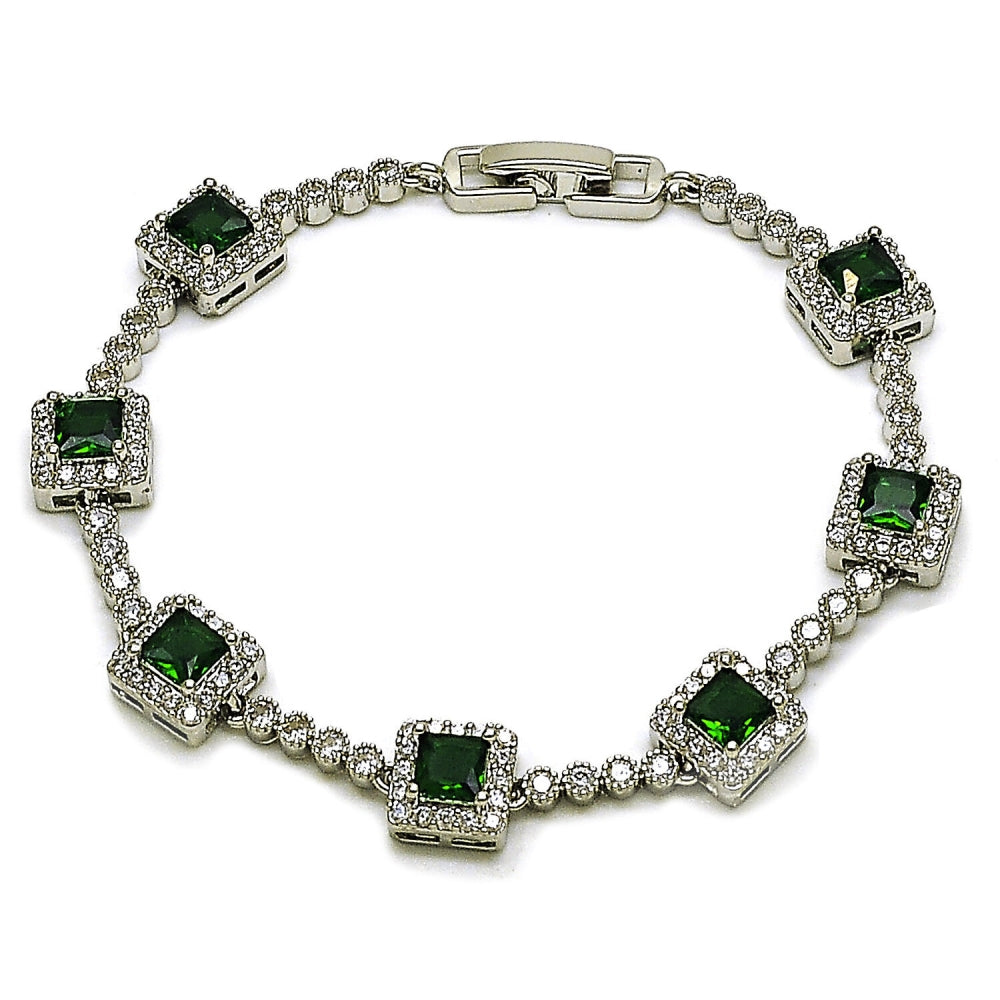 Rhodium Gold Filled Tennis Bracelet, Cluster Design, with Green and White Cubic Zirconia, Polished, Rhodium Finish