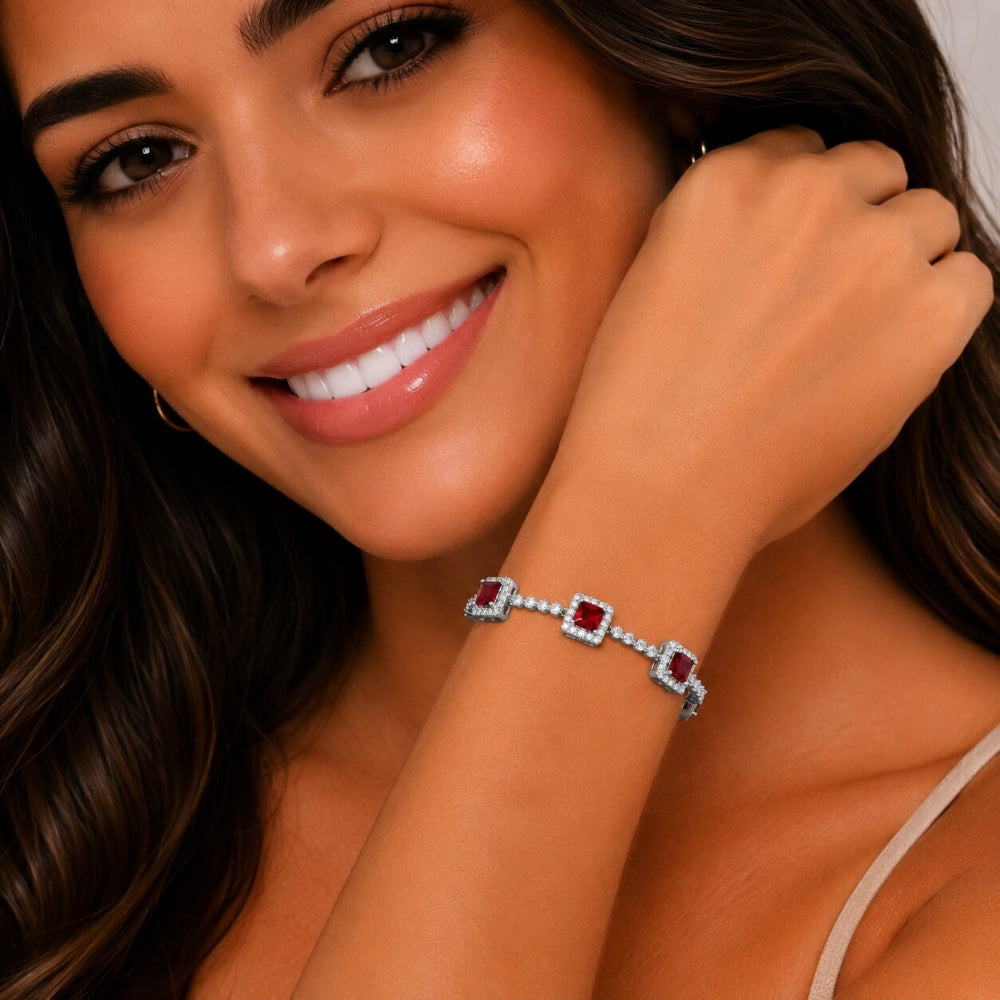 Rhodium Gold Filled Tennis Bracelet, Cluster Design, with Garnet and White Cubic Zirconia, Polished, Rhodium Finish