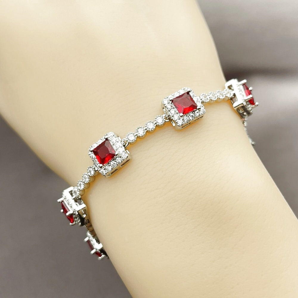 Rhodium Gold Filled Tennis Bracelet, Cluster Design, with Garnet and White Cubic Zirconia, Polished, Rhodium Finish
