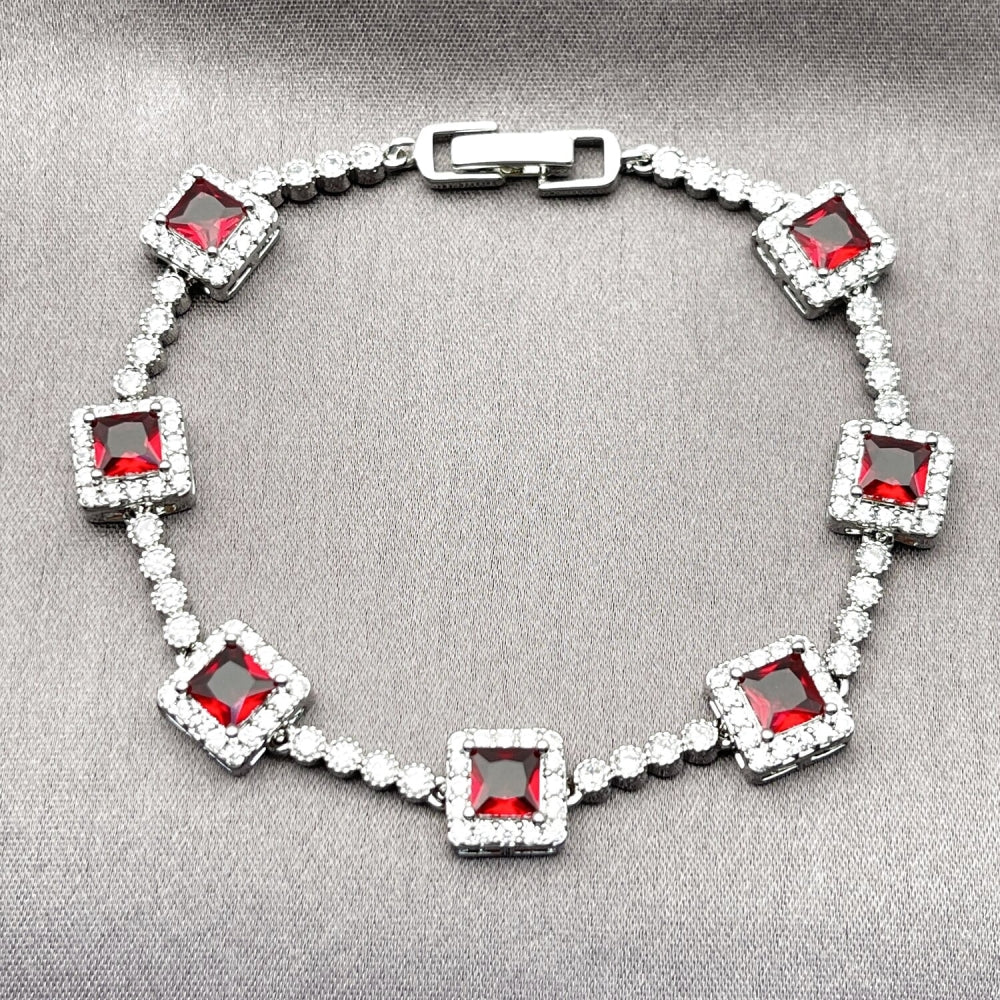 Rhodium Gold Filled Tennis Bracelet, Cluster Design, with Garnet and White Cubic Zirconia, Polished, Rhodium Finish