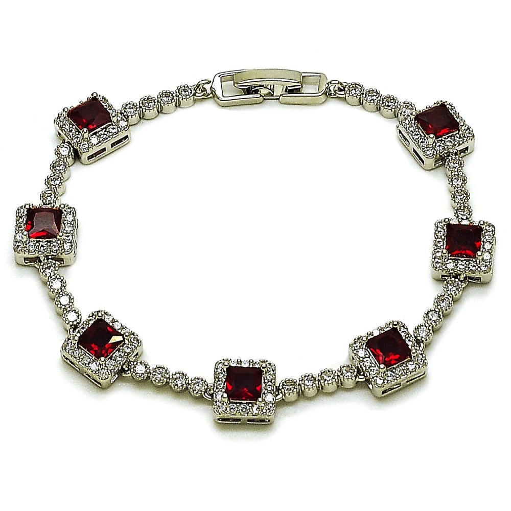 Rhodium Gold Filled Tennis Bracelet, Cluster Design, with Garnet and White Cubic Zirconia, Polished, Rhodium Finish
